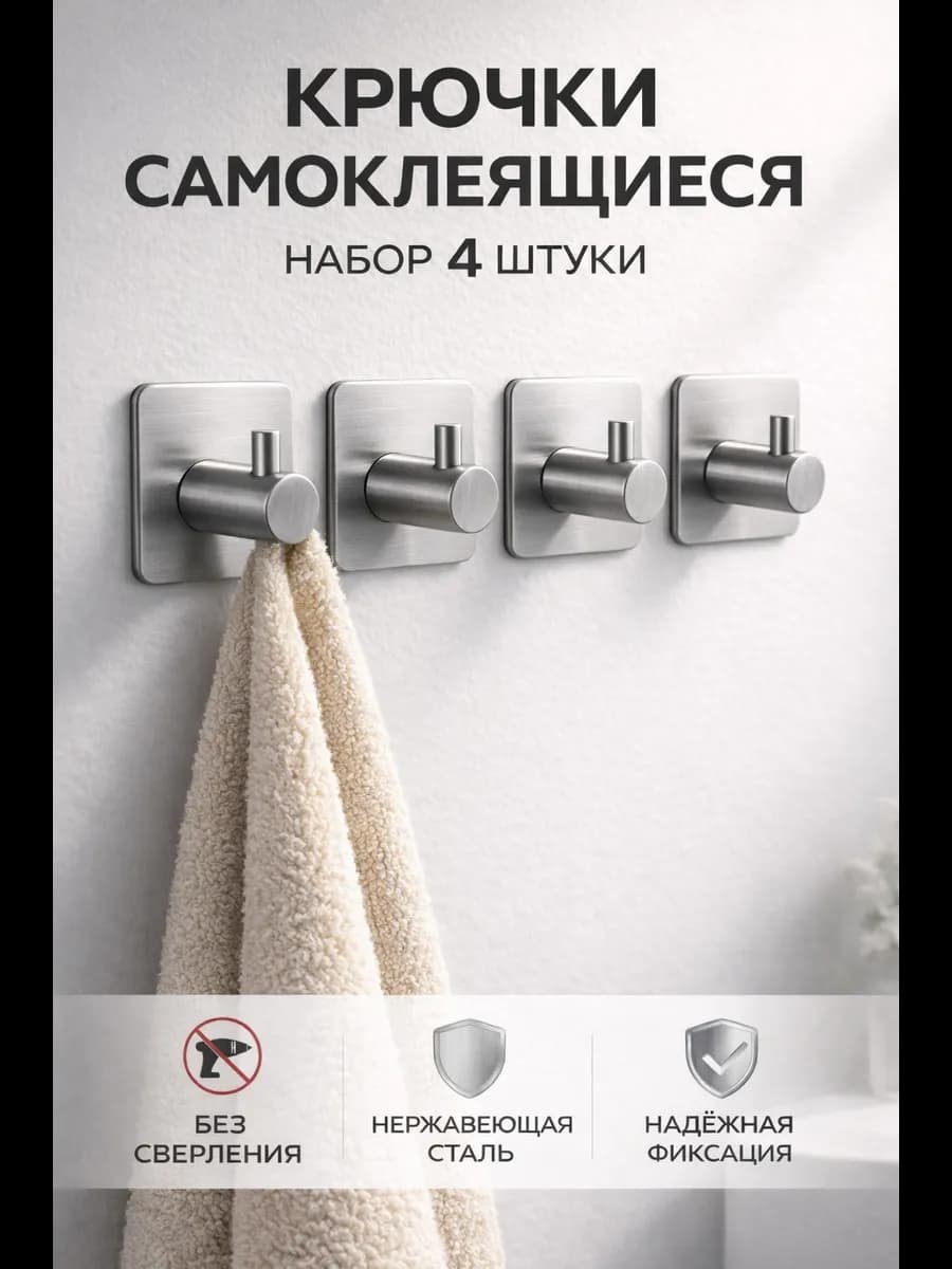 Крючки самоклеящиеся для ванной полотенец настенные 4 штуки