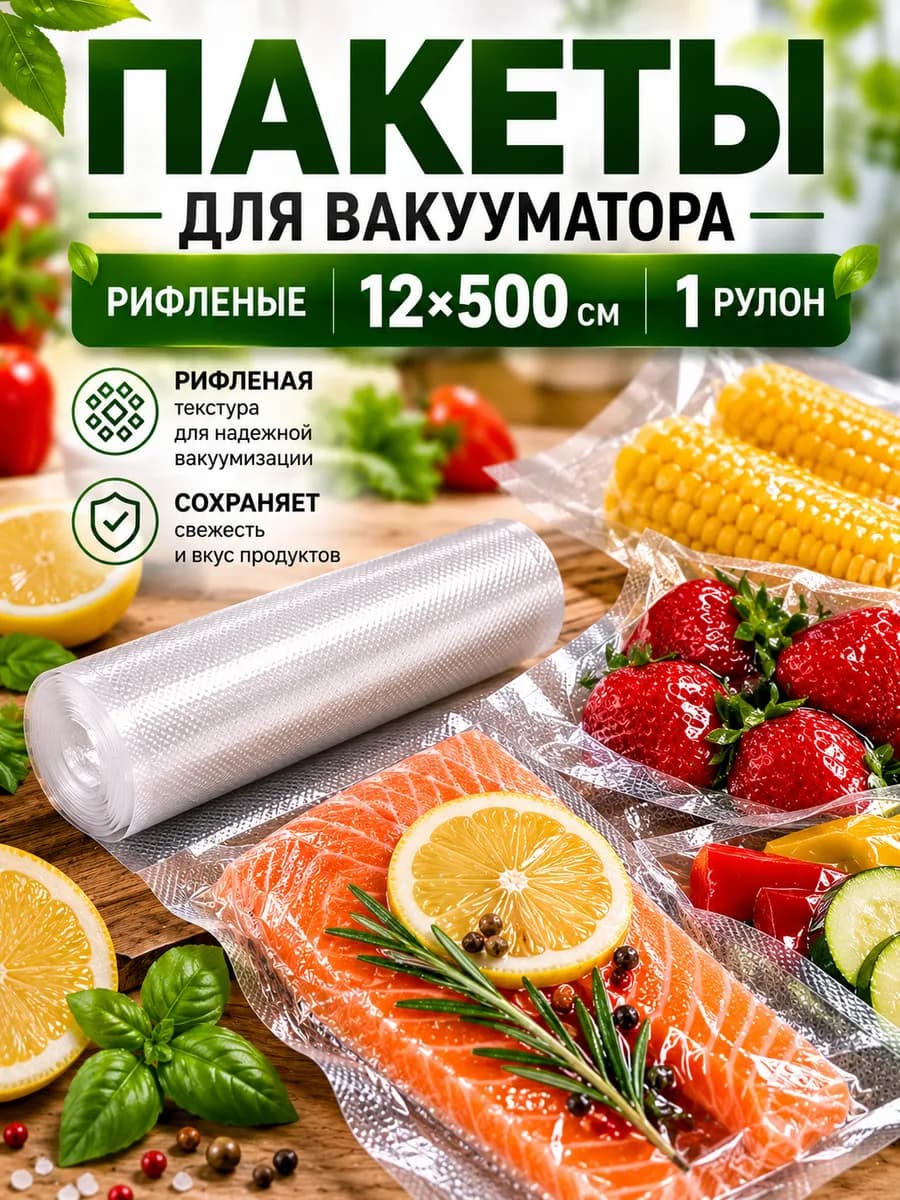 Пакеты для вакууматора рифленые 12х500 см 1 рулон