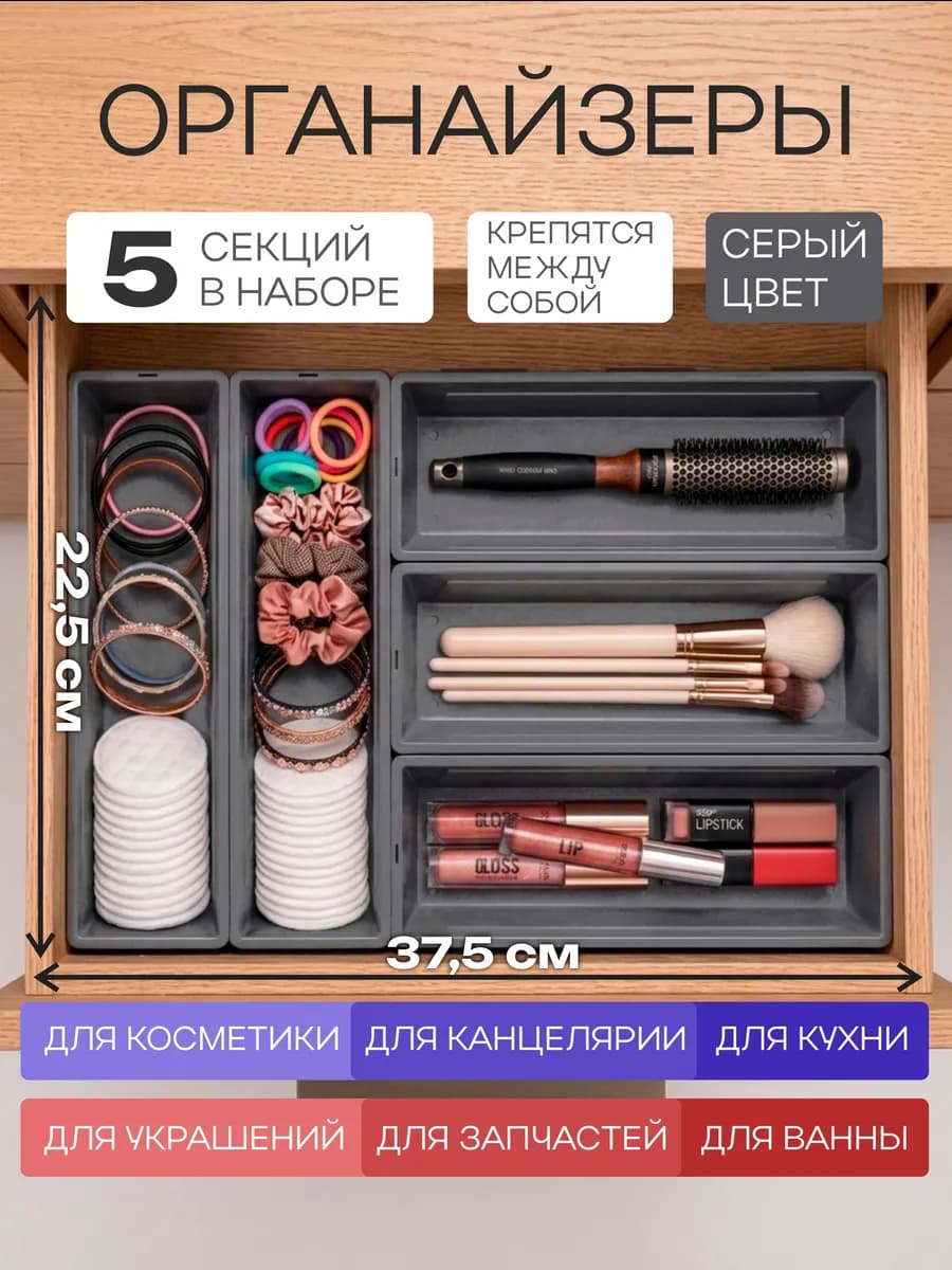 Набор лотков-органайзеров ячеек серого цвета 5шт