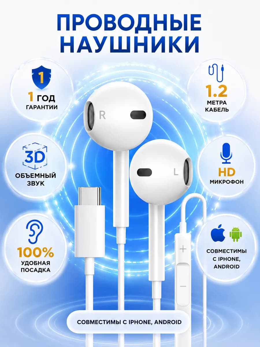 Наушники проводные для iPhone с микрофоном