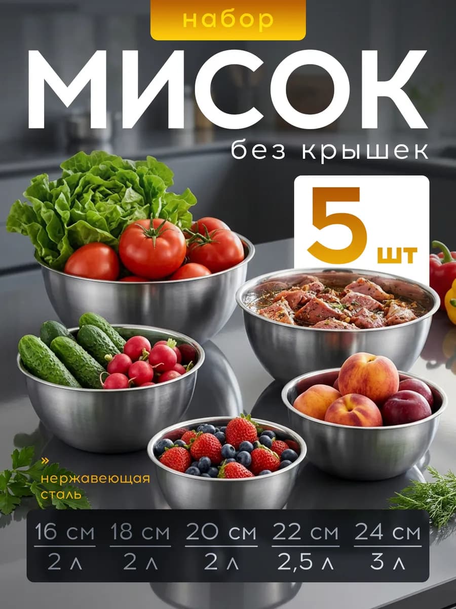 Набор мисок из нержавеющей стали для кухни