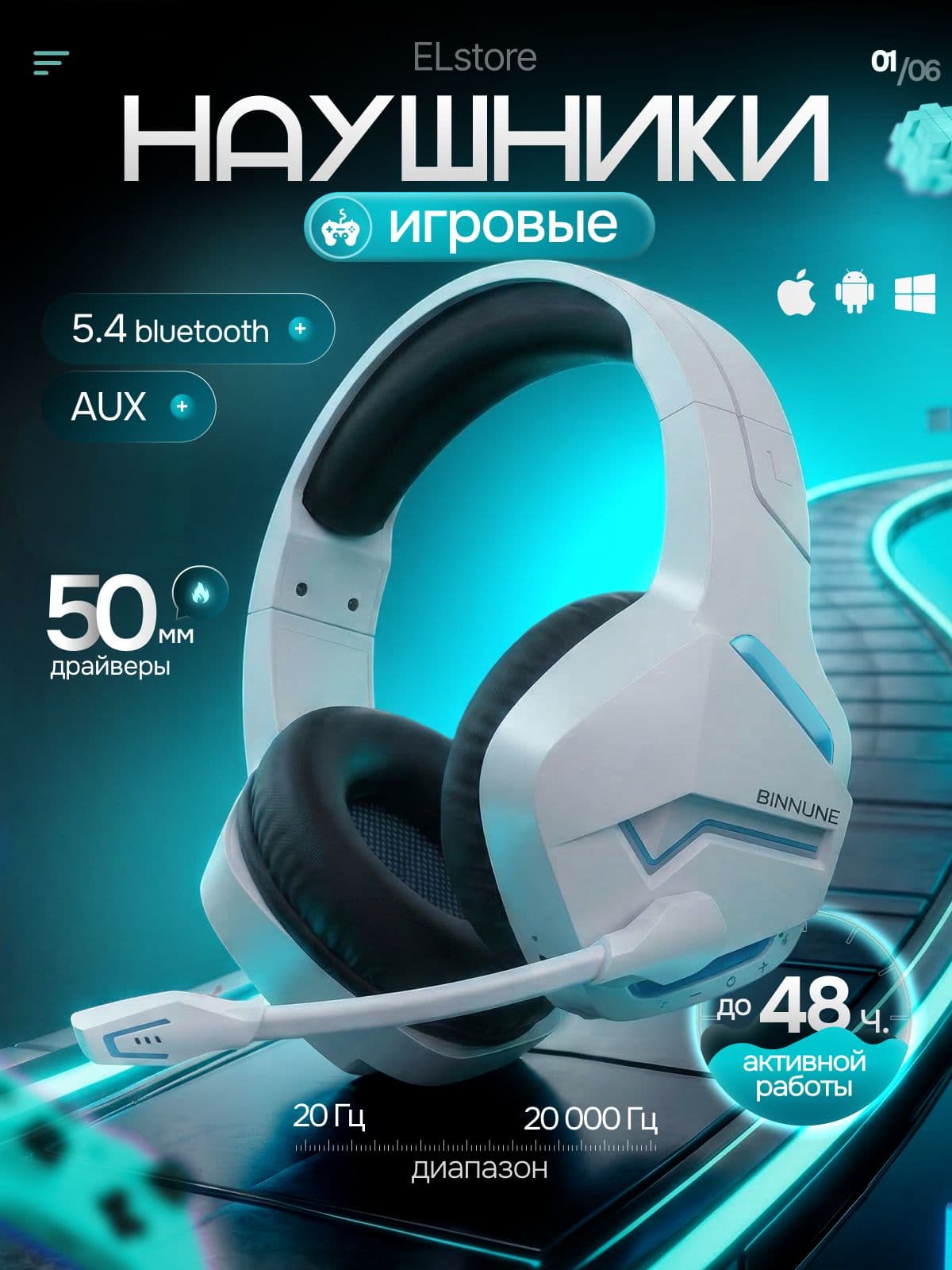 Наушники беспроводные BINNUNE BW01 Gaming Headsets (Белый) большие накладные игровые для пк