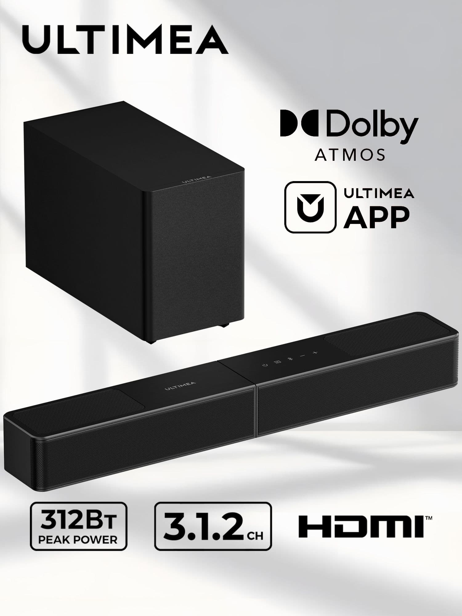 Саундбар для телевизора с сабвуфером ULTIMEA Poseidon M70, домашний кинотеатр 3.1.2 Dolby Atmos, 312Вт, беспроводной сабвуфер, Bluetooth 6.0, HDMI eARC, приложение Ultimea App